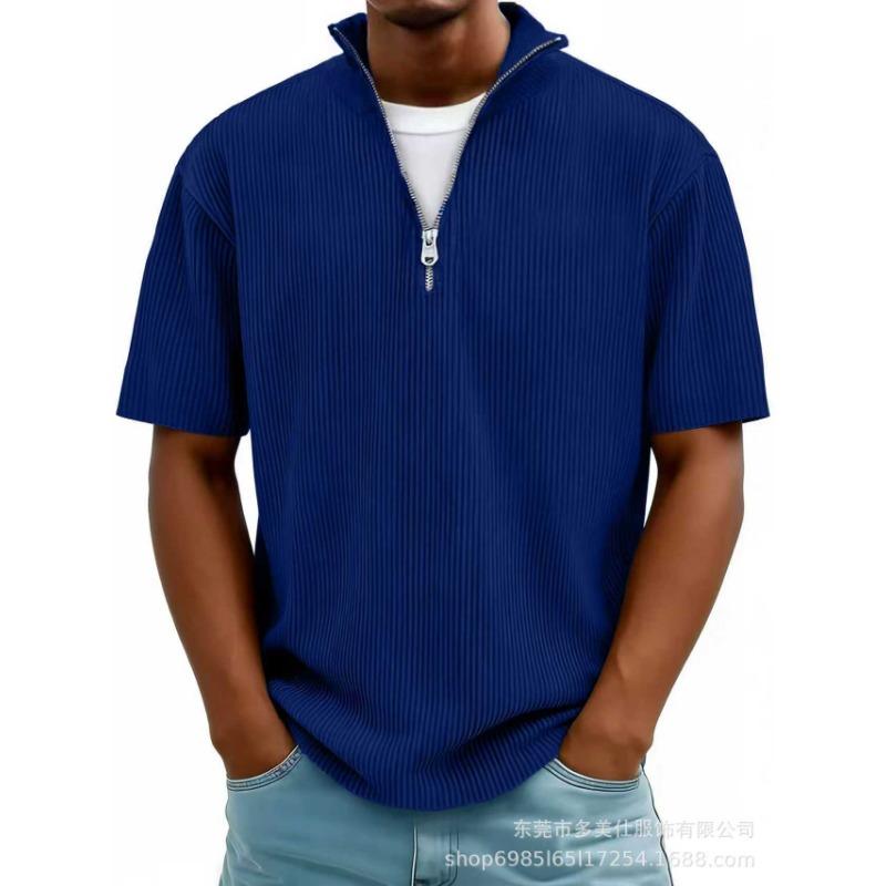 Summer New Men's Solid Color Zipper Striped Casual Short Sleeve T-Shirt