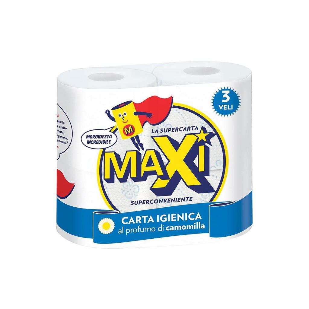 MAXI Papier Toilette Ultra Doux au Toucher Moelleux, Papier Toilette, 4 Rouleaux, Sans Danger pour les Fosses Septiques.
