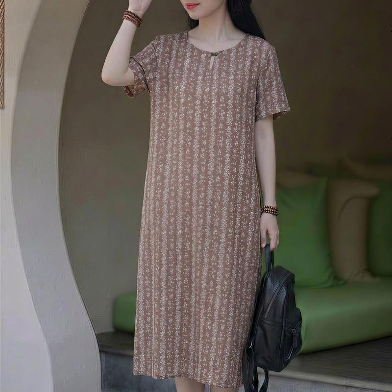 Elegante lange Kleider für Frauen in Übergröße, lockeres Kurzarm-Vintage-Kleid, Sommerkleidung für Damen mittleren Alters