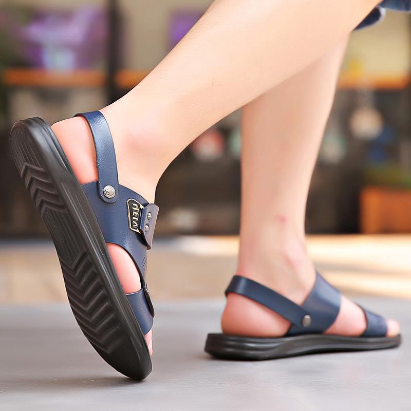 2025 sandals men's leather summer men's youth blue breathable cool slippers Korean version of trendy summer beach shoes