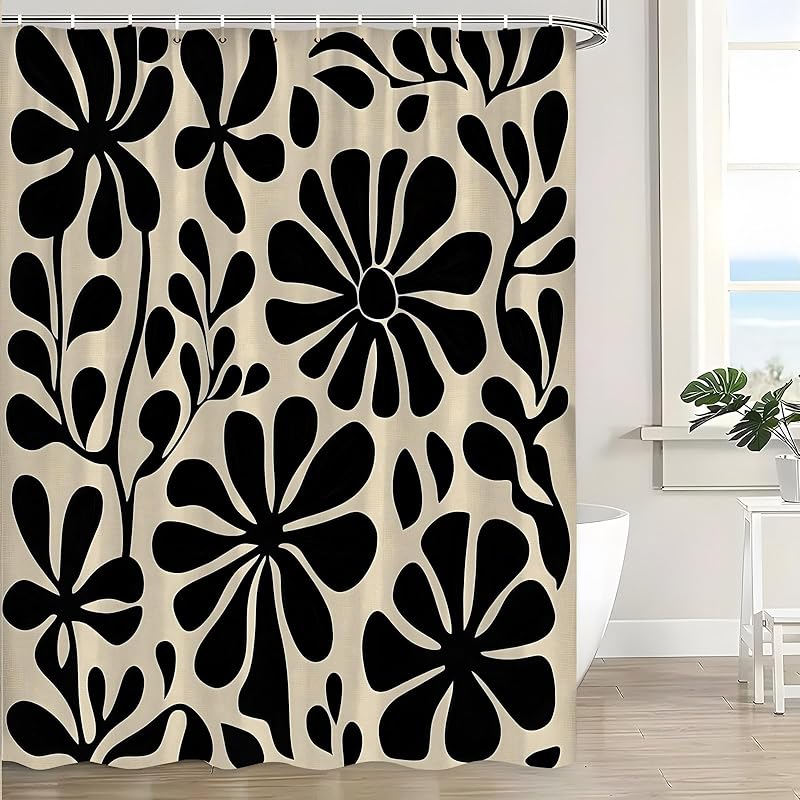 Black Boho Floral Shower Curtain Retro Abstract Flower Leaves Cute Plant Vintage Aesthetic Modern Cool Rustic Mid Century Art Bath Decor Curtain with