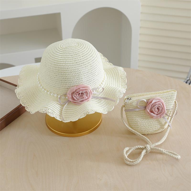 

Girls Flower Pearl Straw Hat And Bag Set Children s Summer Wide Brim Sunshade Sun Hats Princess Outdoor Travel Beach Cap молоко, білий колір