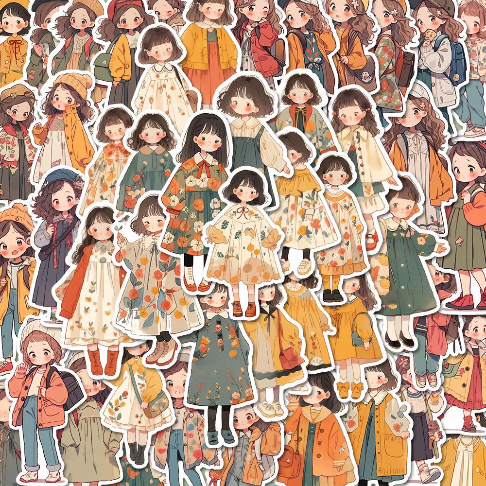 64-Piece Cartoon Graffiti Autumn Outfit Stickers for Fashionable Girls' Phone Cases