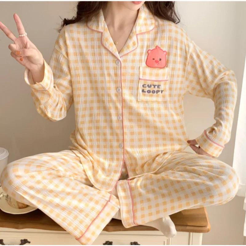 Autumn New Pure Cotton Cartoon Lapel Long-sleeved Two-piece Silk Pajamas Women's Home Wear Set Women's Pajamas