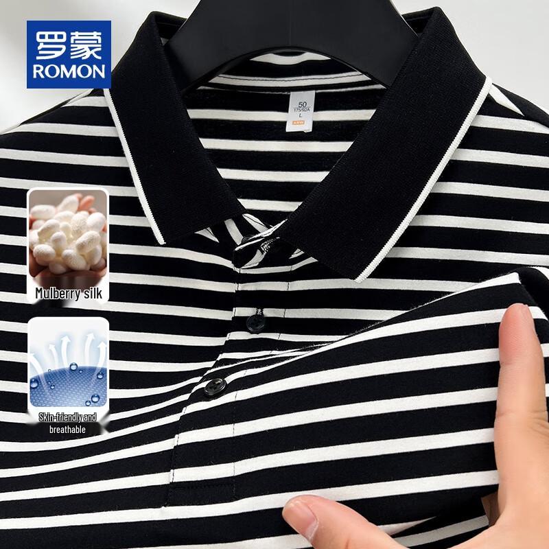ROMON Men's Cooling Silk Blend Striped Polo Shirt