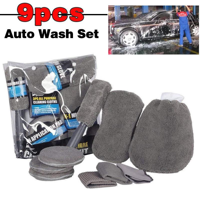 9dílný čisticí nástroj pro péči o auto Auto Wash Mitt Rukavice z mikrovlákna Rukavice na mytí kola Kartáč na kola Mycí houba Sada na mytí auta