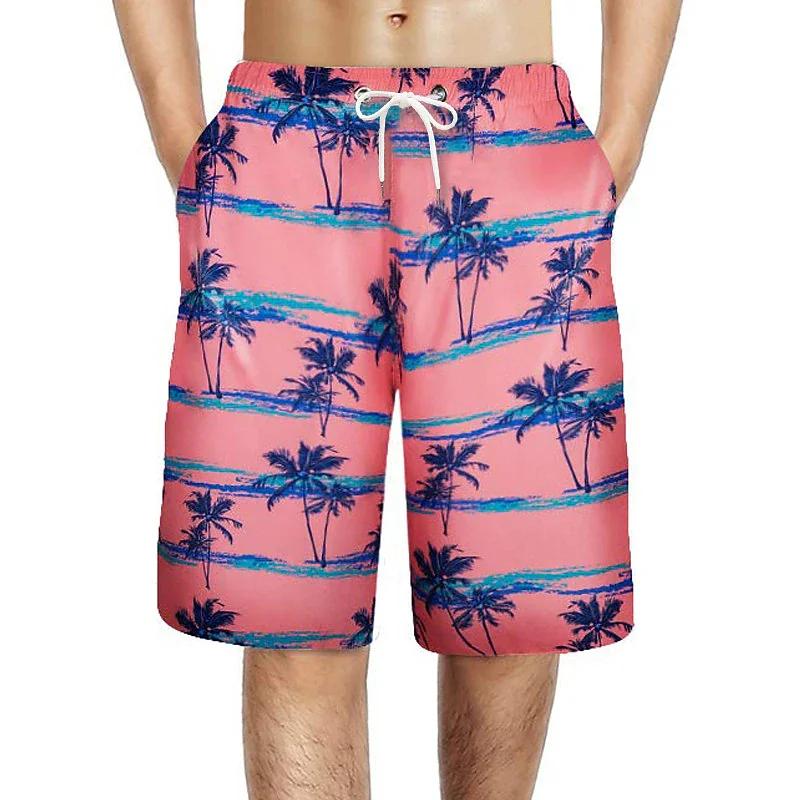 2024 Summer Oversized Casual Men's Drawstring Shorts Quick Dry Hawaii Holiday Sports Swimming Trunks Coconut Tree Printed Shorts