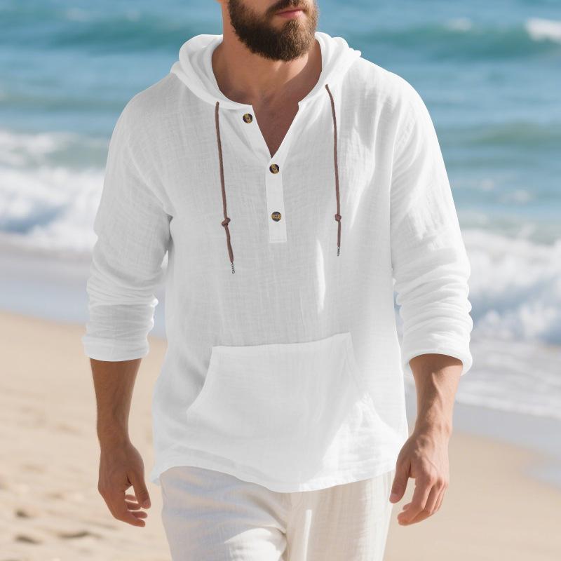 Men's Autumn and Winter New Linen Men's Long-sleeved T-shirt Loose Casual Simple Trend Home Hooded Henry Shirt