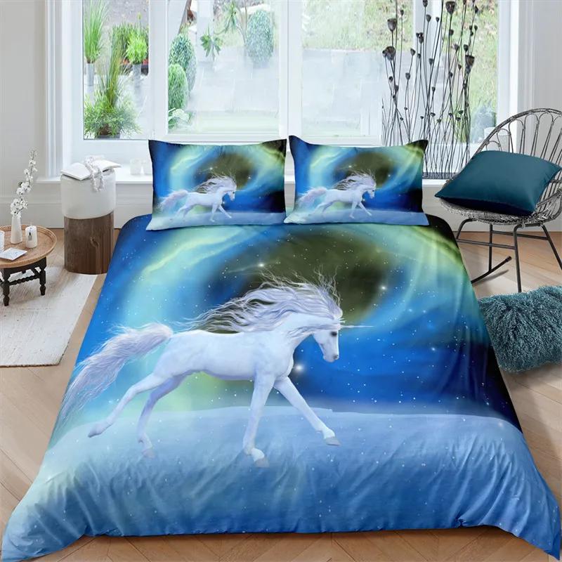 Bettbezug mit weißem Drachenpferd, 3D-Einhorn-Bettwäscheset für Teenager und Kinder, Mikrofaser, Western-Cowboy-Bettbezug mit Kissenbezügen