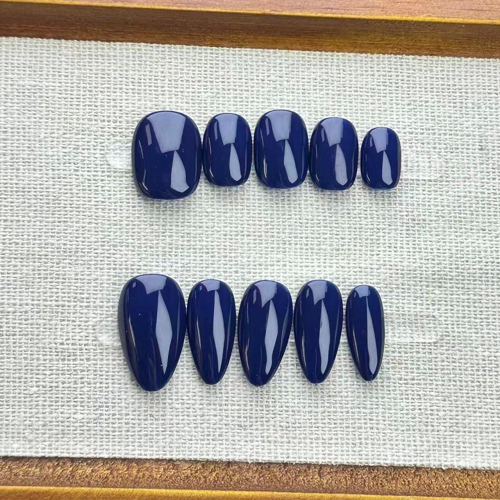 5in1 Toolkit+HANDMADE Press On Nails Glossy Solid Color Deep Sea Blue Phototherapy Fake Nail Patch Artificial Nail Reusable