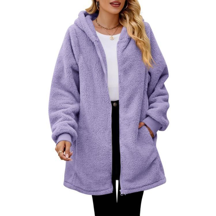 

Women Loose Hooded Plush Jacket Long Sleeved Zipper Coat Solid Color Pocket Fashionable S фиолетовый