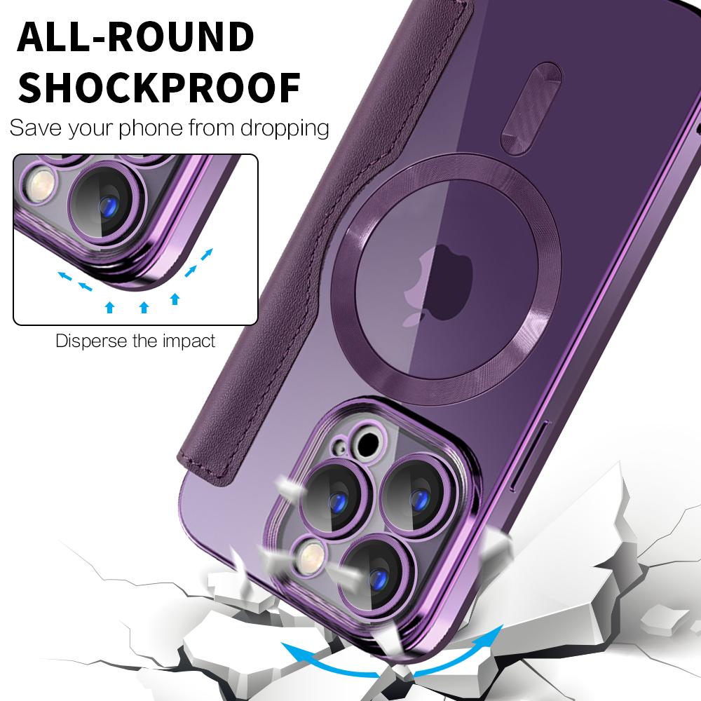 For iPhone 15 Pro RFID Blocking Built-in Lens Film Phone Case Card Holder Leather Cover Compatible with MagSafe