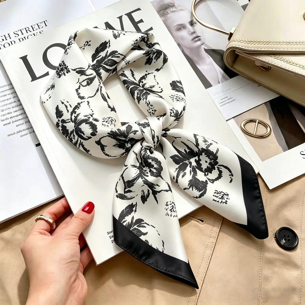 Commuter elegant flower silk scarf women's contrasting color retro printing satin scarf shirt with multi-purpose decorative small scarf