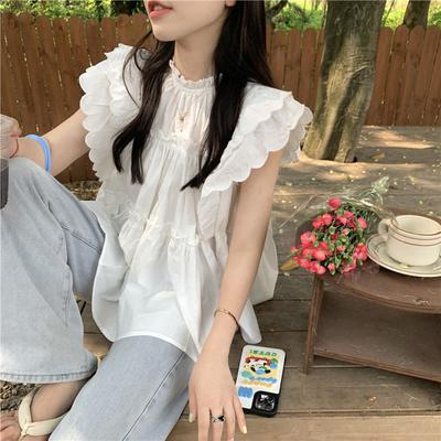 Splicing Ruffled White Shirt with Women's Summer Pleated Design Flying Sleeve Shirt Loose Top