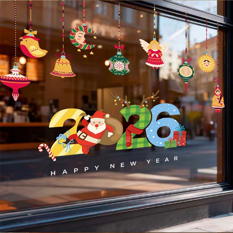 Christmas Window Stickers Happy New Year Decorative Glass Window Static Sticker Merry Xmas Santa Claus Shopping Center Ornament
