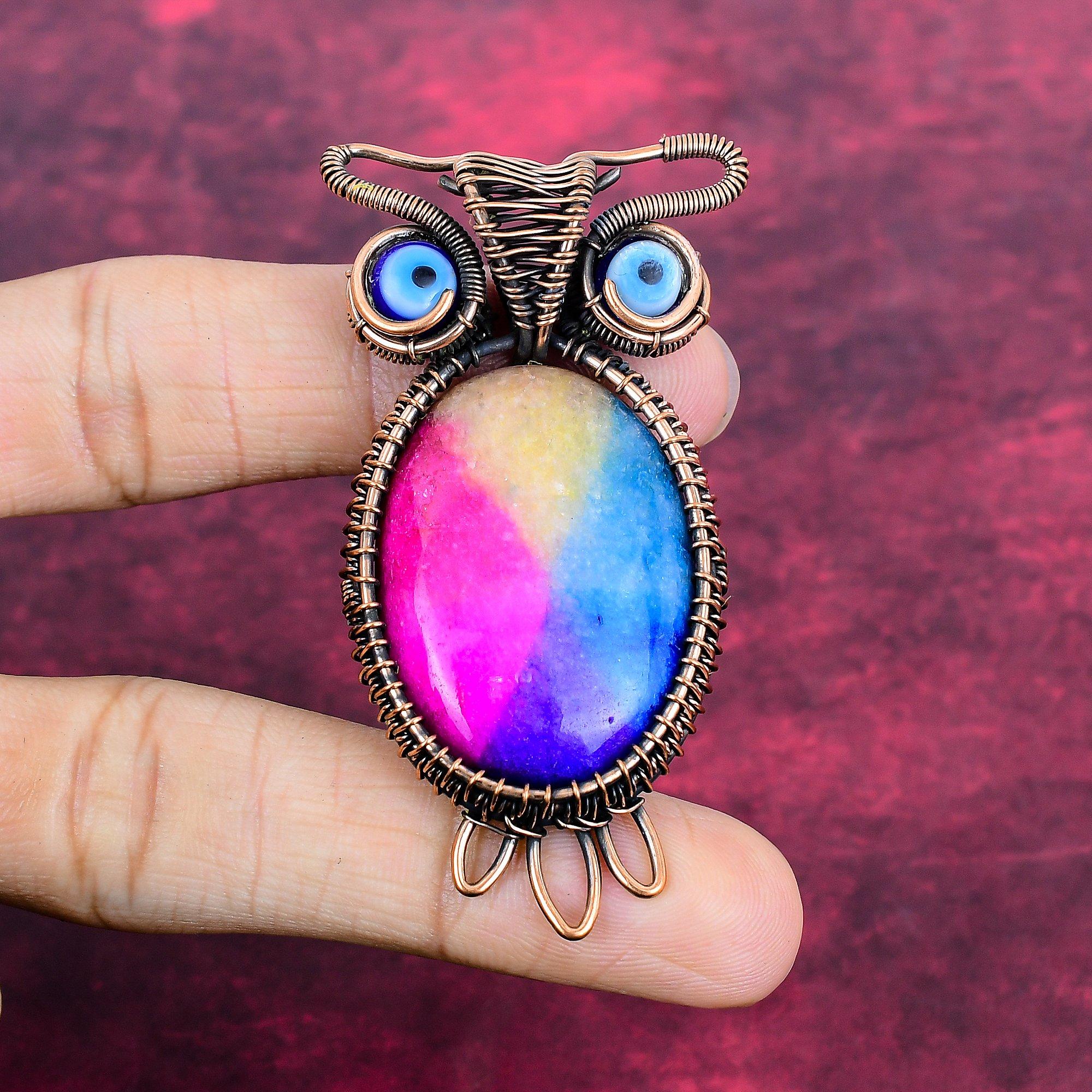 Rainbow Solar Quartz Druzy Pendant Owl Pendant Copper Wire Wrapped Blue Evil Eye Pendant