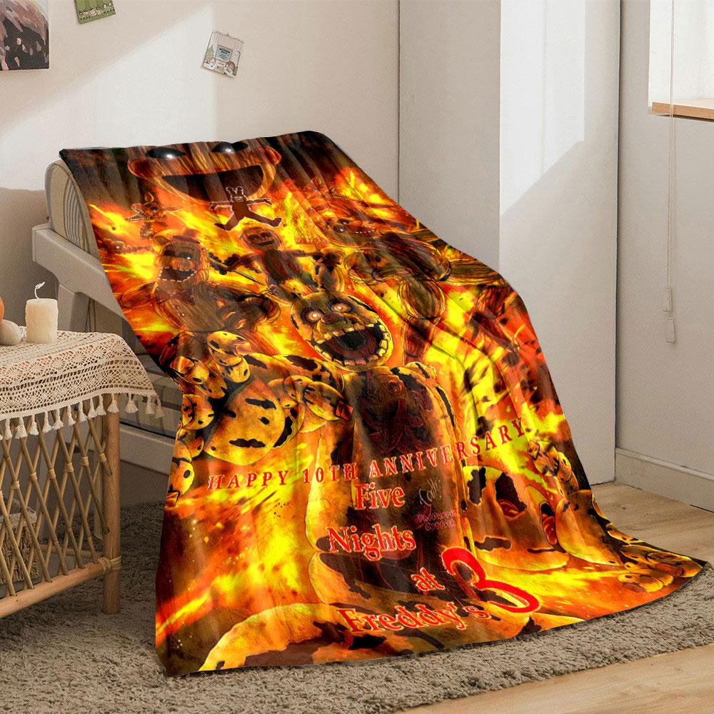 Burning animatronics surrounded by fire and chaos dominate the composition. for all seasons blanket lunch break throw gift