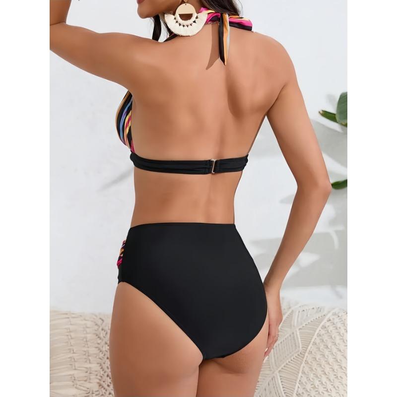 Women's Rainbow Striped High Waist Bikini Set Halter Tie Front Two Piece Swimsuit