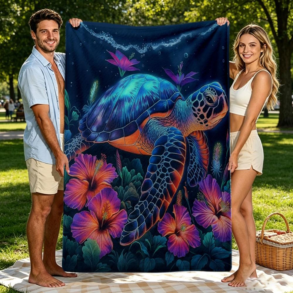 Deep Blue Sea Turtle Hibiscus Flower Night Sky Flannel Blanket Soft Cozy Throw for Sofa Bed Living Room Decor
