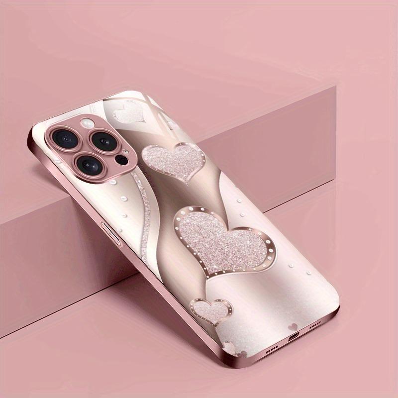 Funkelndes Rosa Herz Kurvenmuster Metallische Farbe Glas Handyhülle Für iPhone 11 12 13 14 15 16 17 Pro Max Plus 16E 17Air Hülle