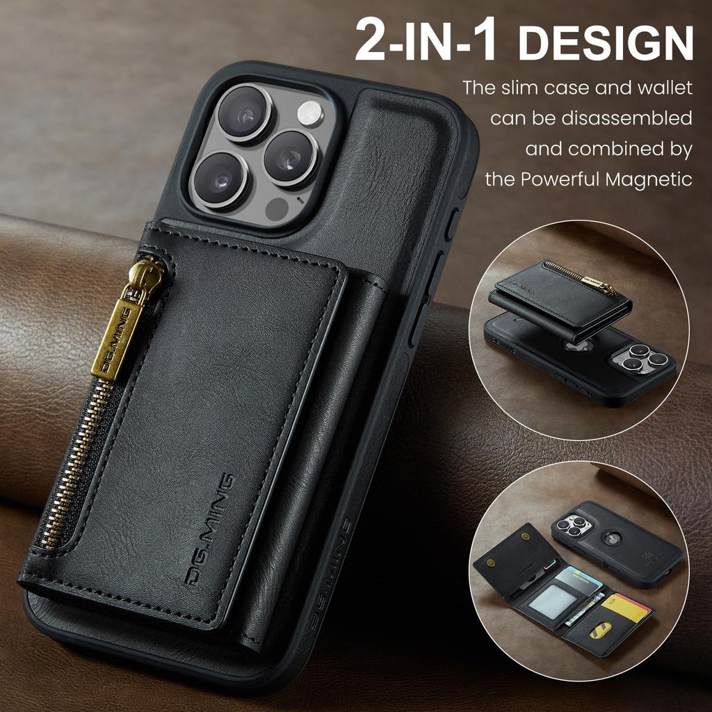 Leather Phone Case for iPhone 16 pro Max 16E 17 Air 15 plus 14 13 12 11 2 in 1 Magnetic RFID Blocking Zipper Card Holder Wallet