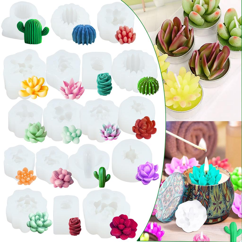 9Pcs Succulent Silicone Mold 3D Succulent Cactus Candle Molds Safe Cactus Flower Resin Mold for Scented Candles Soaps Making