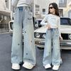 4-14 Years Spring Autumn Teenage Girls Jeans Full Print Bow Embroidery Wide-leg Denim Pants for Kids