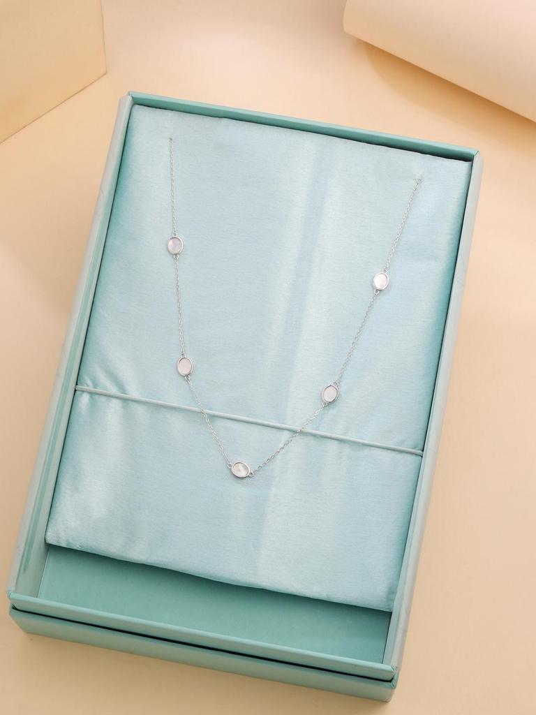 Kicky and Perky 925 Sterling Silver Oval Mother of Pearl Shell Station Chain Necklace Jewelry For Womens