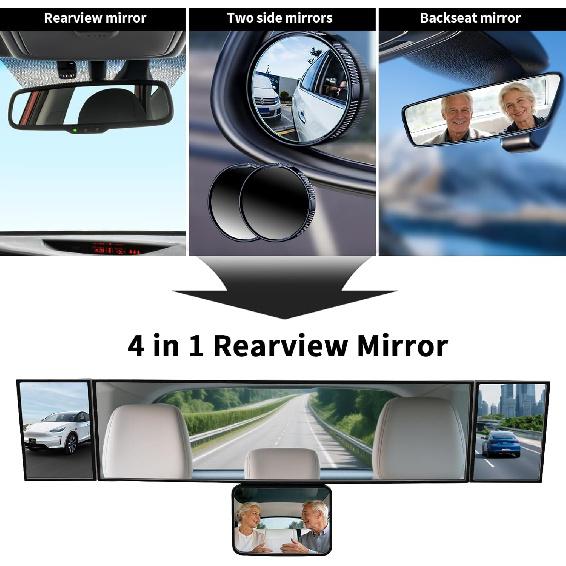 

4 in 1 Rear View Mirror with Blind Spot Elimination & Backseat Mirror, 360° Wide Angle Panoramic Rearview Mirrors for Enhanced Driving Safety,