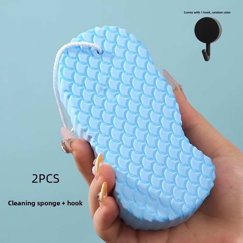 2pcs 3D textured bath sponges with hooks, ultra-soft exfoliating, removes dead skin for body cleansing.