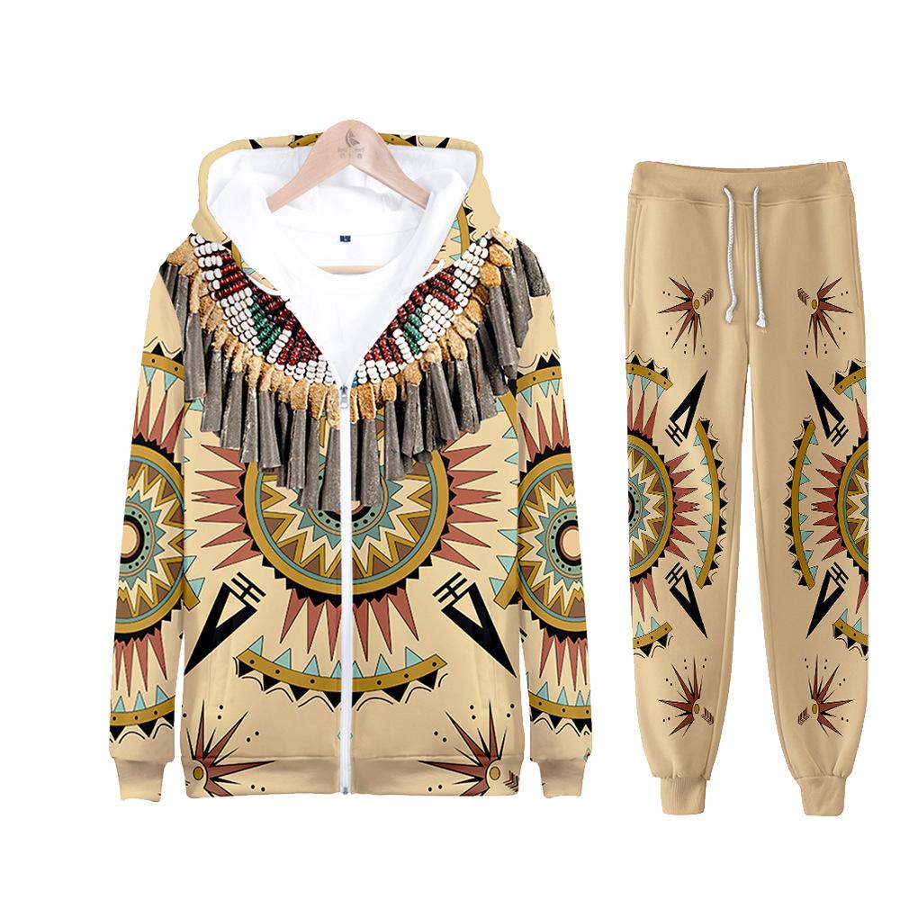 2025 Indisches 3D-Druck Freizeit-Kapuzenpullover mit Reißverschluss & Jogginghosen-Set
