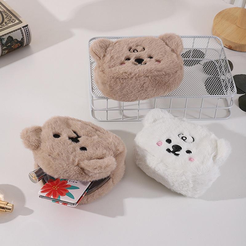 Bolsa de Moedas com Zíper de Urso Fofo de Desenho Animado Bolsa de Maquiagem Durável Bolsa de Fone de Ouvido Portátil de Pelúcia Bolsa de Maquiagem para Meninas Carteira Pequena Kawaii