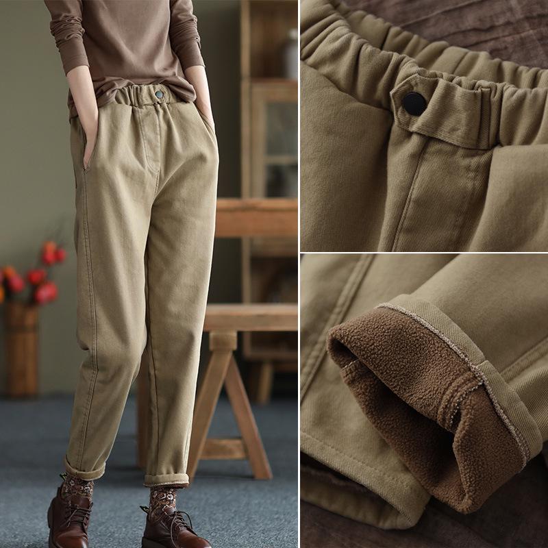 Women's 2025 New Thickened Velvet-Lined Cotton Twill Harem Pants - Stylish Elastic Waist Casual Trousers for Autumn/Winter.