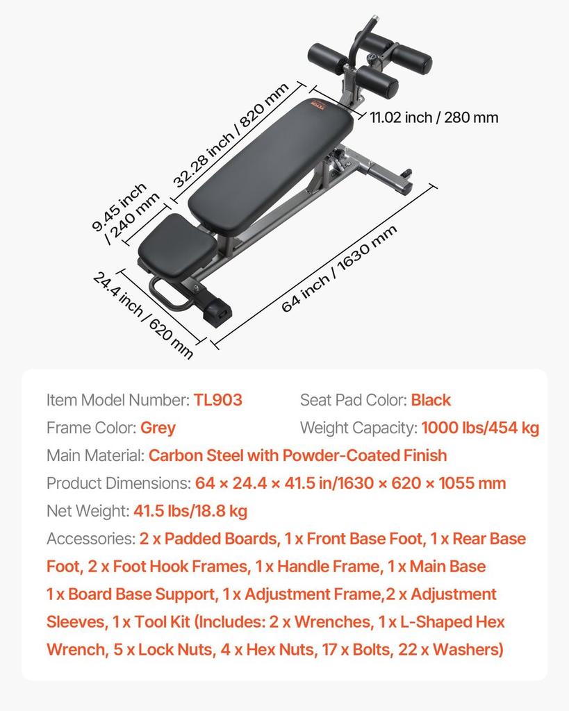 Sit Up Bench, Decline Ab Bench with Reverse Crunch Handle, with 4 Adjustable Height Settings, Heavy Duty Steel, 453 Kg Capacity, for Home Gym
