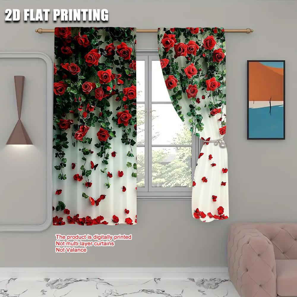 2pc,   Curtains Red Rose Durable 100% Polyester Fabric,Without Electricity Party Decorations Suitable for Daily Home Decoration