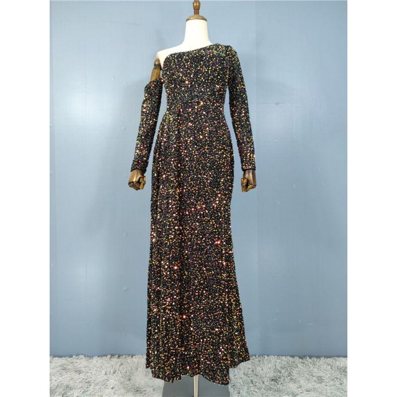 Export Single Sexy Banquet Party Fashion Shiny off-the-Shoulder Long Sleeves Sequin Waist Retro Diagonal Collar Jumpsuit Dress