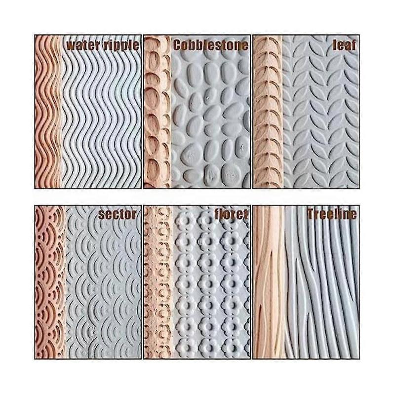 6 Wood Clay Modeling Pattern Rollers Kit, Clay Rolling Pin Textured Hand Roller Wooden Handle Pottery Tools Set