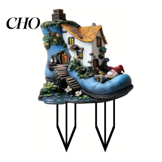 Acrylic Garden Decoration Gnome Boot House Stake, 2D Shoe Yard Fade-resistant Outdoor Stake Decorative Sign for Courtyard Lawn Pathway Patio Elf Decor A