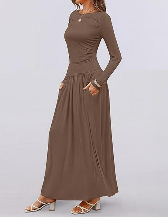 2025 Cross-border Women's Round Neck Pleated Pocket Slim Fit Long Sleeve Knit Dress