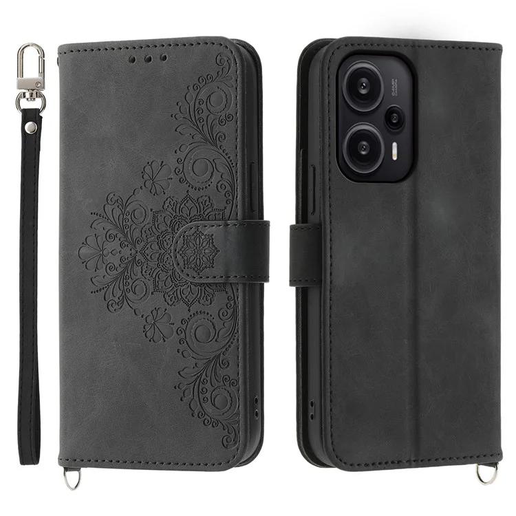 

For Xiaomi Redmi Note 12 Turbo / Poco F5 5G Skin-Touch Phone Case Flower Imprinted Leather Flip Cover with Wallet, Strap