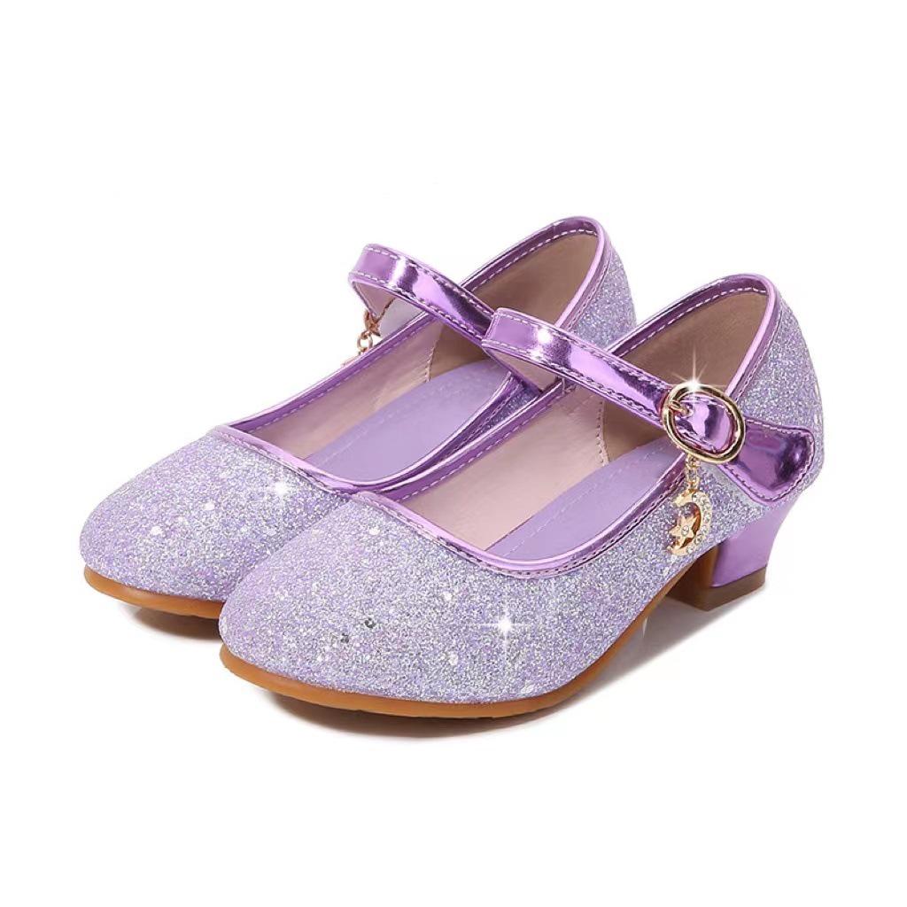 Girls' Autumn Princess Leather Heels with Star Moon Charms & Sequins