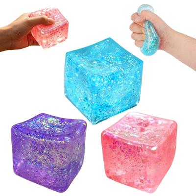 Transparent Glitter Gel Cube Squishy Stress Relief Toy Soft Squeeze Fidget Sensory Toy Elastic Decompression Gift