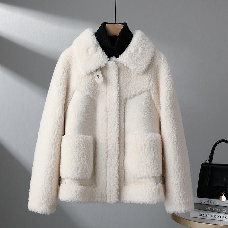Winter Short Lambswool Coat Women Fashion Granular Jacket Turndown Collar Pocket Zipper Outerwear