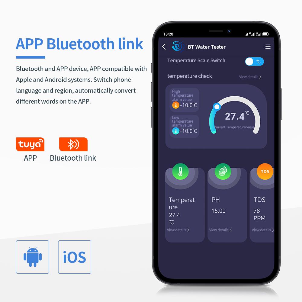 Tuya Bluetooth 5 in 1 PH Temperature TDS EC CF Meter Digital PH Tester Automatic Calibration Function Water Quality Detector