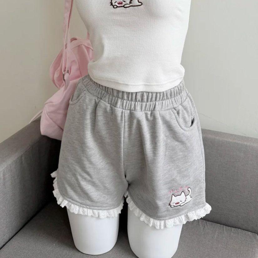 Summer Lace High-Waisted Wide-Leg Shorts - Y2K Cute Otaku Style
