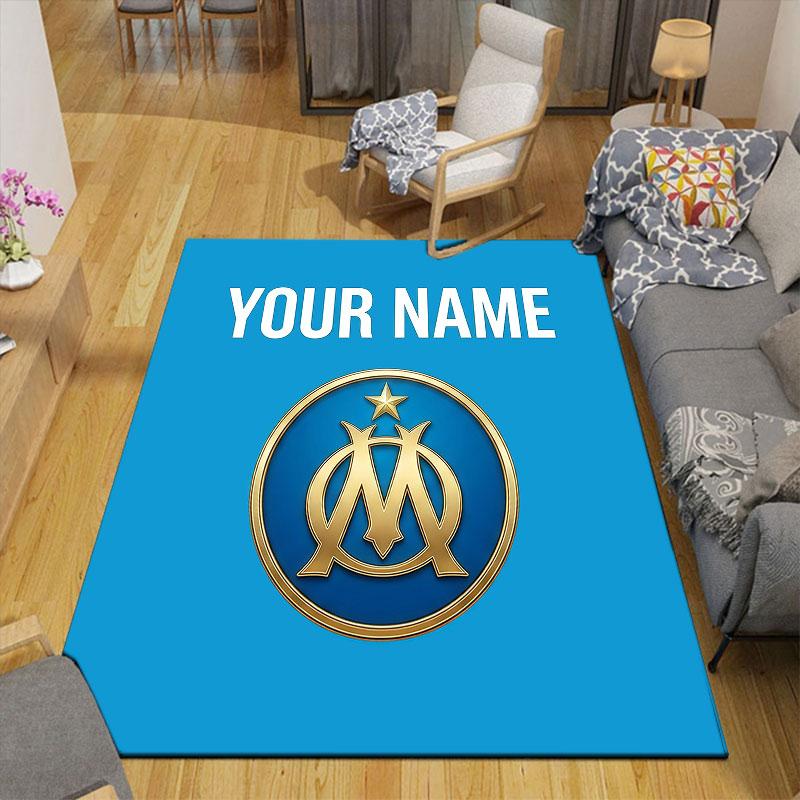 Custom Name,Olympique De Marseille Home Sofa Decoration for Living Room & Bedroom, Non‑Slip Play Flannel Floor Mat for Game Room