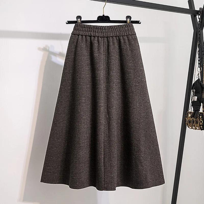 Plus Size High Waist Midi A- Line Skirt for Plus Size Women In Woolen Fabric Vintage Style Mid Autumn Winter