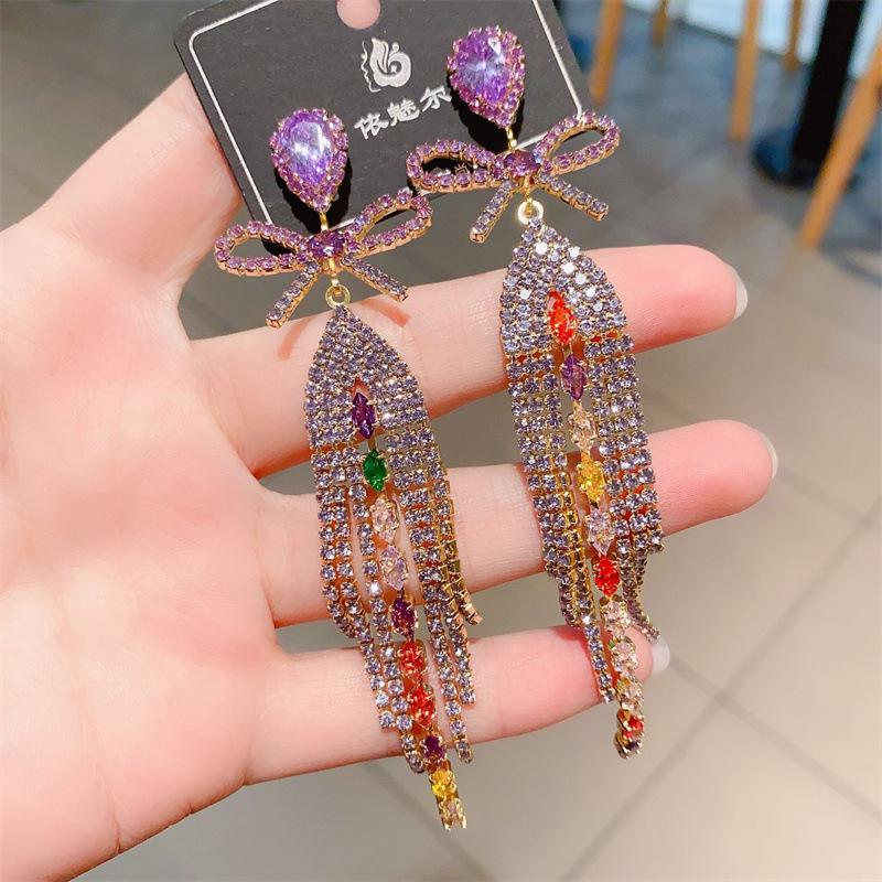 S925 Silver Needle Rhinestone Tassel Earrings - Exquisite Long Claw Chain with Colored Diamonds, European & American Style