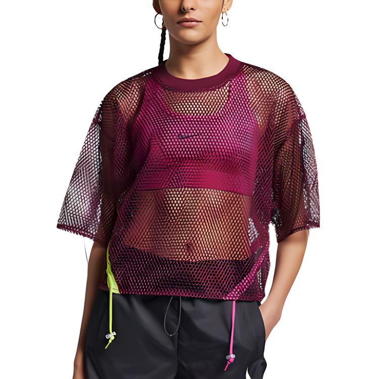 Nike Sportswear Mesh Drawstring Short-Sleeve T-Shirt Women Tops Bordeaux AR3034-609