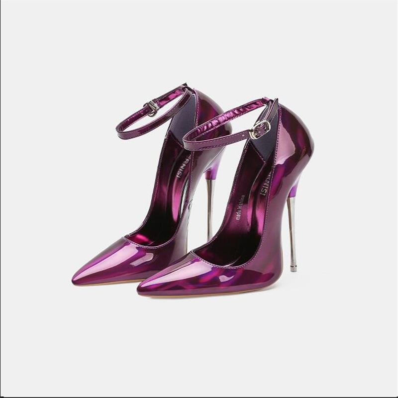 Women Ankle Strap Metal High Heel Shoes Pointed Toe Pumps for Nightclub Party Banquet Catwalk Pole Dance Princess Cross Dressing